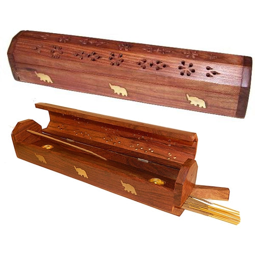 Hand-Carved Shisham Wood Incense Holder Box  Indian Rosewood  (12")