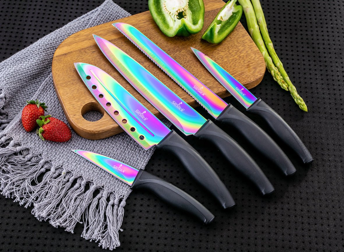 Kitchen Knife Set Kit | Black Handle & Black Magnetic Rack