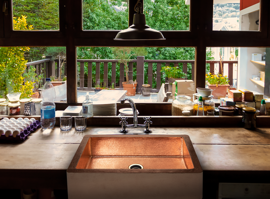 33" Farmhouse Single Well Plain Straight Apron Hammered Copper Kitchen Sink